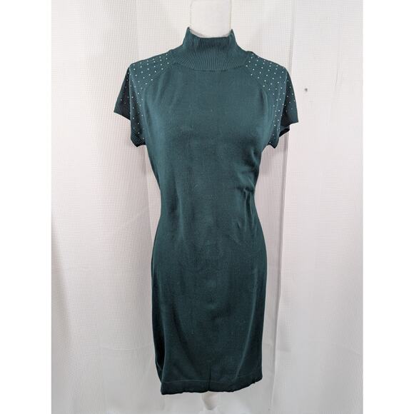APT. 9! EMERALD GREEN W/RHINESTONE SHORT SLEEVES KNIT SWEATER DRESS! SZ L - Picture 2 of 9